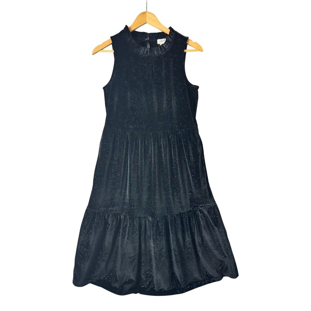 J.Crew Velvet Tiered Midi Dress Shimmer Black Sleeveless Women’s Metallic Ruffle
